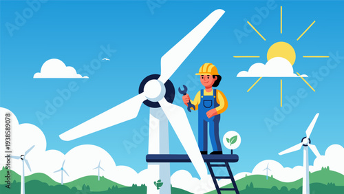 Dedicated engineer maintains a wind turbine, symbolizing the vital role of renewable energy and green technology in building a sustainable future
