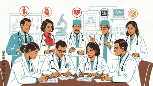 Diverse medical professionals collaborating in a focused healthcare meeting, demonstrating teamwork, innovation, and expertise in patient care