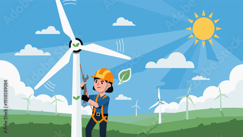 Vibrant illustration of a female engineer maintaining a wind turbine, embodying the future of renewable energy, sustainable technology, and a commitment to environmental care