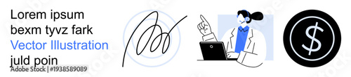 Business communication, digital signing, customer service, online transactions, financial management, technology. Illustrated pen signature, person with headset dollar sign. Business communication