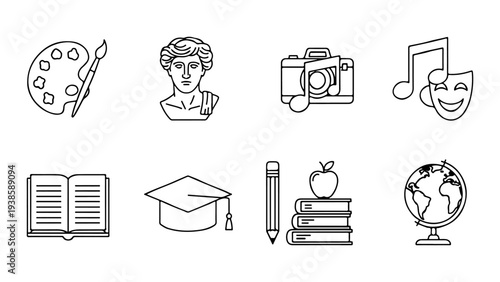 Vector line art icons representing diverse fields of art, education, and culture, encompassing creativity, learning, and academic pursuits