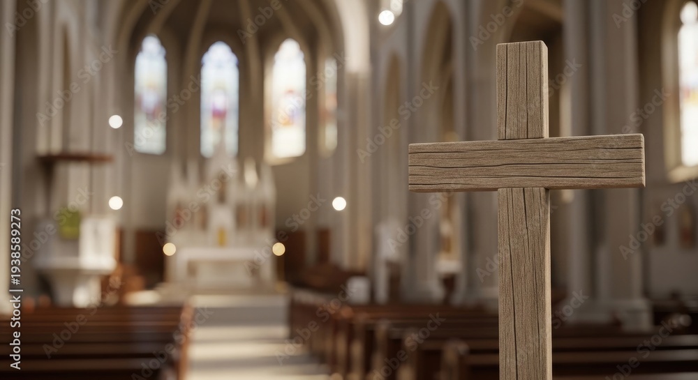 Fototapeta premium Easter sunday celebration in church with cross and pews