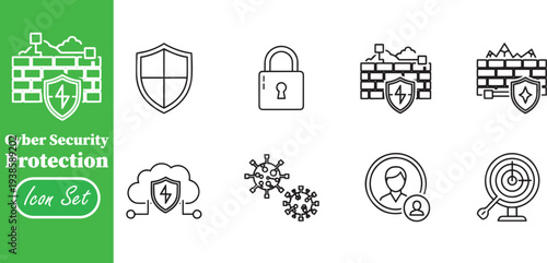 Cyber Security Protection and Network Privacy Line Icon Set