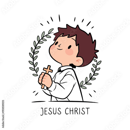 Cute boy praying with a cross, Christian faith vector illustration with laurel wreath. Religious child character symbolizing devotion to Jesus Christ.