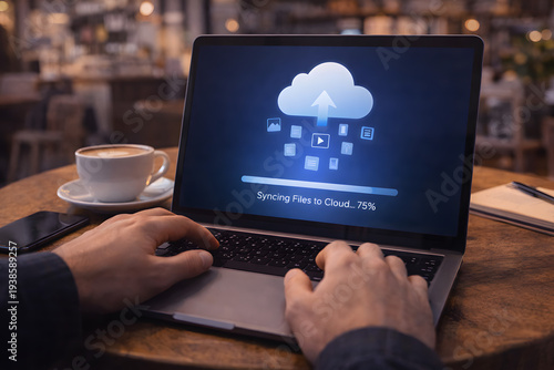 Laptop syncing files to cloud storage in cafe