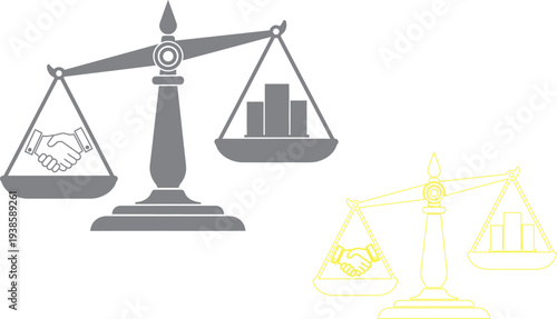 Balance scale with money and graph on white background