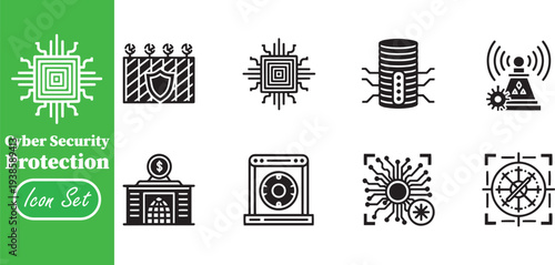 Cyber Security Hardware Infrastructure and Financial Data Protection Linear Icon Set