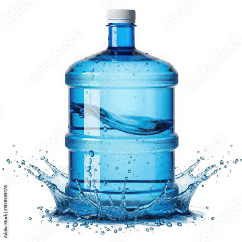 Large plastic water bottle with flowing water droplets around it