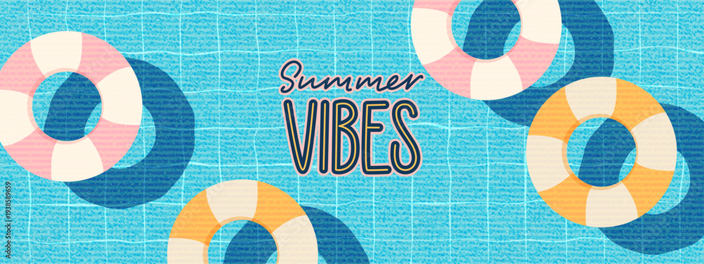 Obraz premium Swimming pool with colorful swimming rings. Retro vector summer design. Fresh water, tiles. Summer vibes lettering. Vacation resort mood.