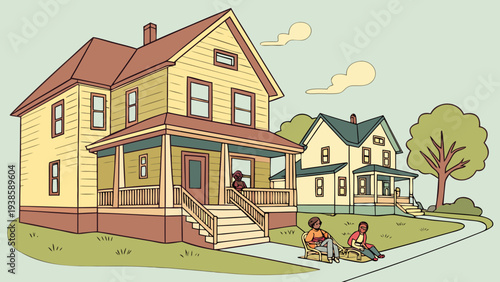 Vector illustration of suburban houses with family