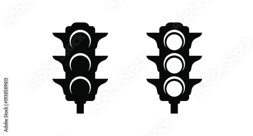 Two traffic lights displaying different signals a striking silhouette