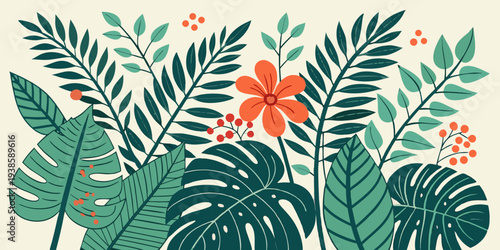 Tropical leaf and flower vector illustration