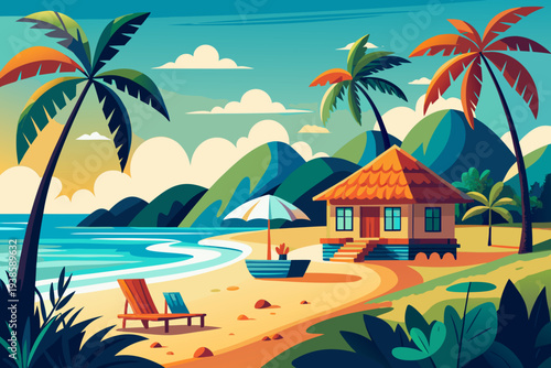 Vector tropical beach scene with palm trees and hut