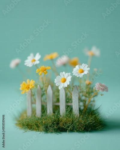 Miniature pastel garden fence surrounding colorful flowers on a grassy base, featuring daisies and other blooms against a soft teal background