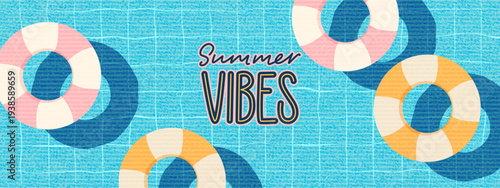 Swimming pool with colorful swimming rings. Retro vector summer design. Fresh water, tiles. Summer vibes lettering. Vacation resort mood.