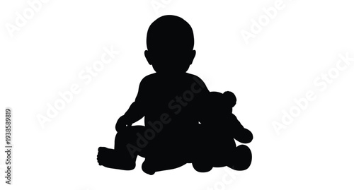 A dark silhouette of a child seated with a teddy bear silhouette