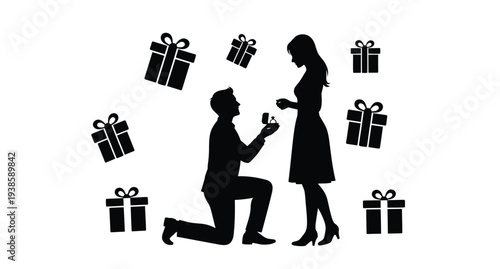A romantic proposal scene with gifts depicted in black silhouette