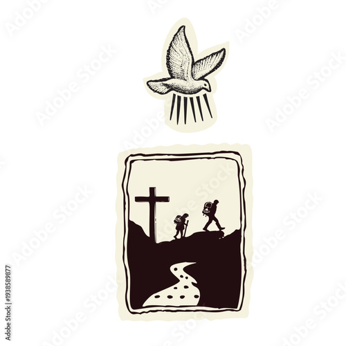 Holy spirit guiding pilgrims on their journey path. Backpacker people with christian cross on the hill religious faith based pilgrimage icon. Black and white flat christian illustration