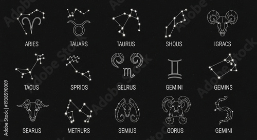 Collection of Zodiac Constellations and Symbols on Black Background.