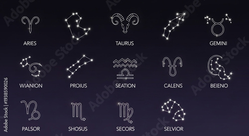 Collection of Zodiac Constellations and Symbols on Dark Background.