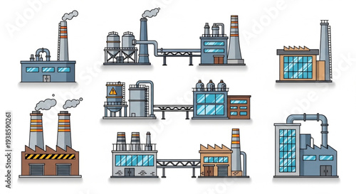 Collection of Industrial Factory Buildings with Smokestacks.