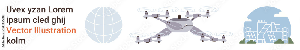 Fototapeta premium Transportation solutions, urban development, delivery services, technology trends, aerial imaging, logistics innovation. quadcopter and globe with city skyline. Transportation solutions and urban