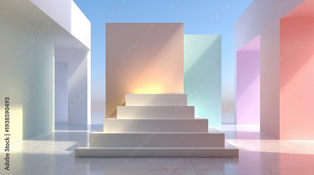 Obraz premium White podium background, minimal geometric shapes, soft lighting, pastel colors, high key, 3d render, copy space 