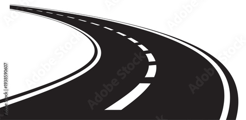 Minimalistic Curved Black Road, dashed white lane markings, isolated on white background, simple transportation graphic, modern flat design, vector illustration