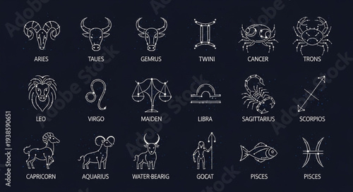 Collection of Zodiac Constellation Symbols on Black Background.
