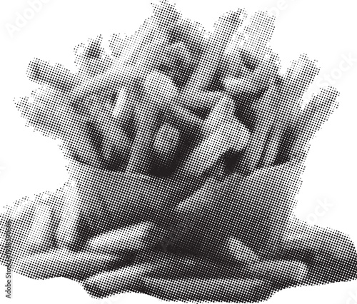 Delicious golden french fries spilling from a classic takeaway container Classic french fries served in a striped paper carton, halftone style.