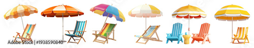 PNG Colorful beach chairs umbrellas relaxation, transparent background