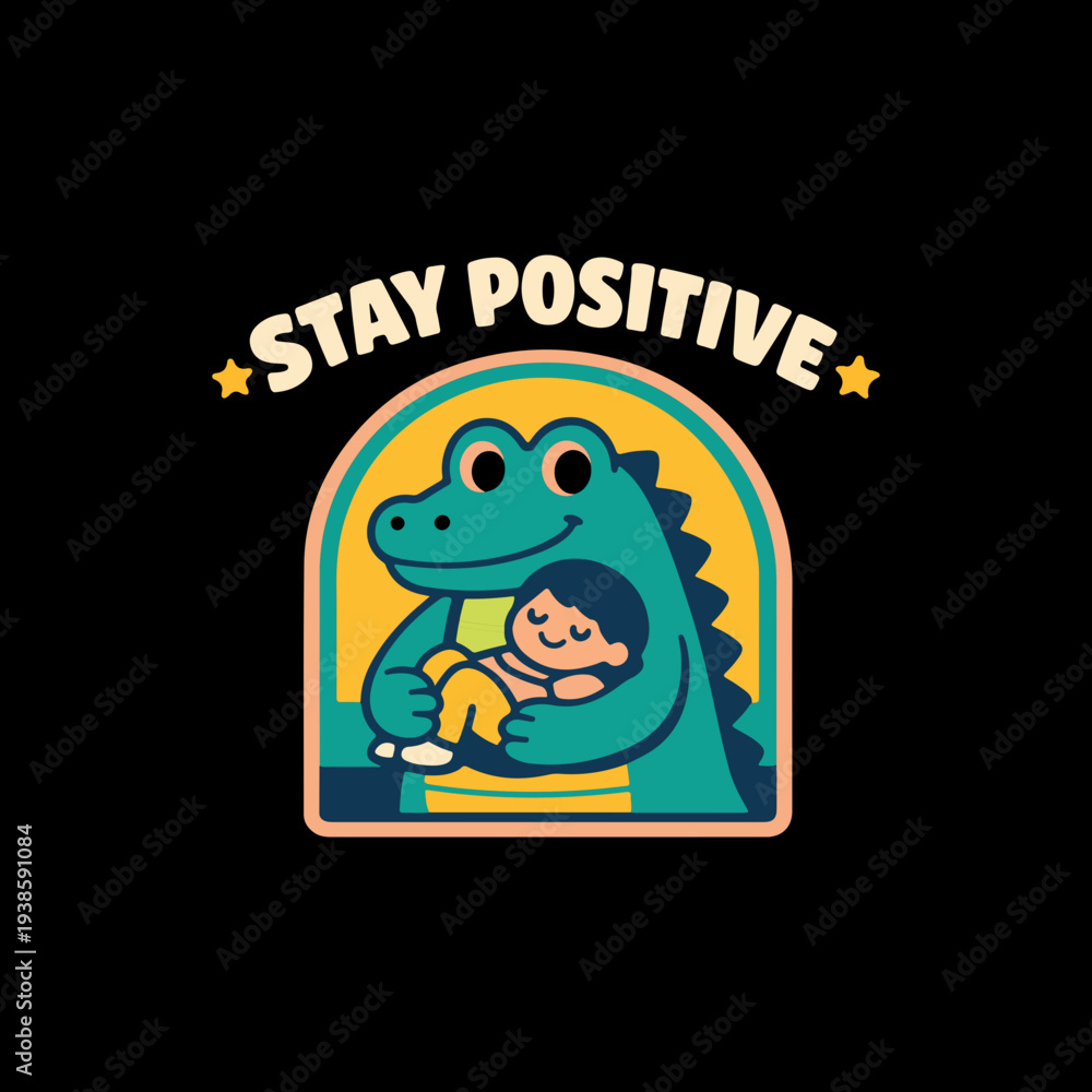 Fototapeta premium Stay Positive Cute Dinosaur Hug Cartoon T Shirt Design