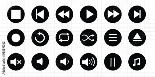 Music Icons, Volume Button, Play buttons, Music Player, Spotify, Play Pause Control, Song Glass, Audio Control