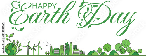Green Sustainability Illustration with Globe, Wind Turbines, Industry, and Trees in Eco Theme.