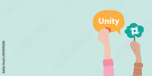 Hands holding speech bubble with Unity message and teamwork icon. Illustration about togetherness, collaboration and collective strength concept.