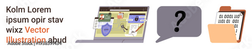 Cybersecurity, privacy protection, data management, online security, cloud storage, risk assessment. Laptop screen with shield icon, speech bubble question mark, folder with binary code