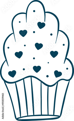 Shell-shaped madeleine cake decorated with icing and tiny hearts, drawn in simple Mediterranean blue lines. Sweet French pastry icon for Valentine's bakery menus