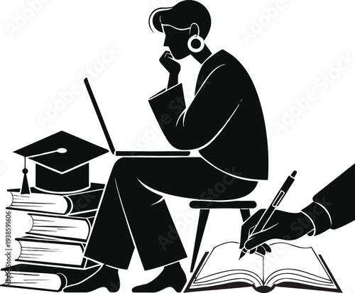 Educational study silhouette vector illustration showing woman using laptop near stack of books and graduation cap on desk