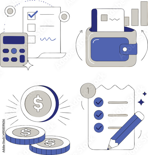 Financial planning with calculator wallet coins and checklist money management and budget control concept