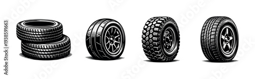 Vintage style black and white tire illustrations set featuring various tread designs