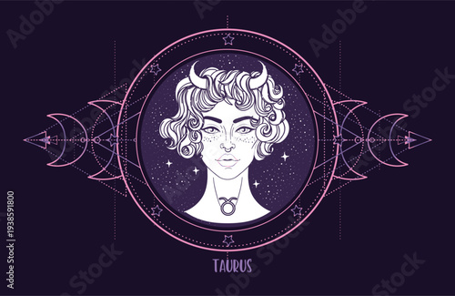 Vector line art of Taurus zodiac woman with sacred geometry and constellation map. Mystical astrology illustration inspired by new age spirituality, horoscope symbolism and modern divination.