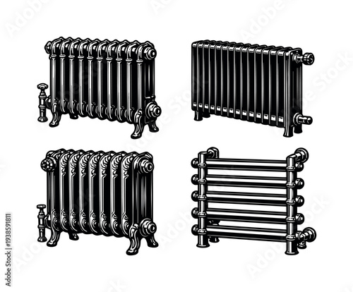 Set of vintage radiator illustrations in black and white clipart style