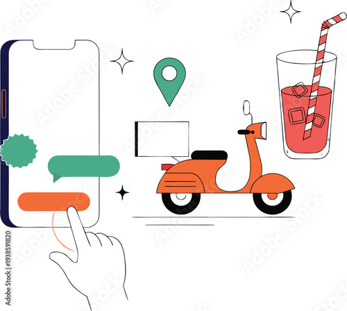Food delivery app interface with scooter map pin drink order confirmation and hand interaction flat design vector