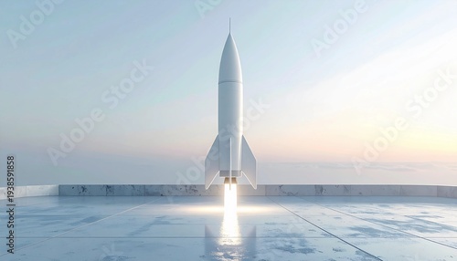A sleek rocket launches from a concrete pad, ascending into a serene blue sky with a warm sunrise glow in the distance, viewed from directly behind