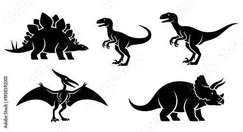 Dinosaur Silhouettes Set: Prehistoric Animals Collection on White Background