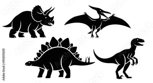 Dinosaur silhouettes set: Triceratops, Pterodactyl, Stegosaurus, and Velociraptor