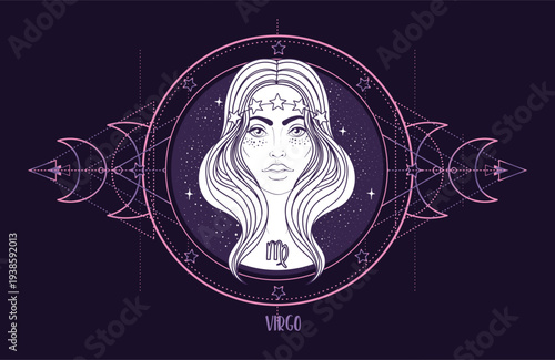 Vector line art of Virgo zodiac woman with sacred geometry and star chart. Elegant mystical astrology illustration inspired by horoscope symbolism, cosmic harmony and modern spiritual practices.
