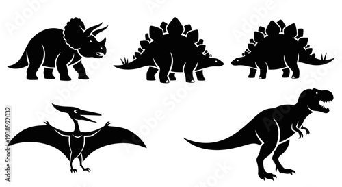 Dinosaur Silhouettes Set: Triceratops, Stegosaurus, Pterodactyl, T-Rex. Prehistoric Animal Collection