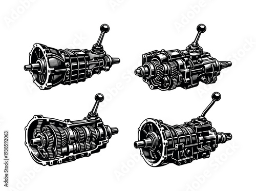 Detailed vector illustration of car transmission parts with black and white mechanical design