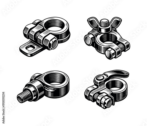 Vintage black and white car battery terminal clamps vector illustration set